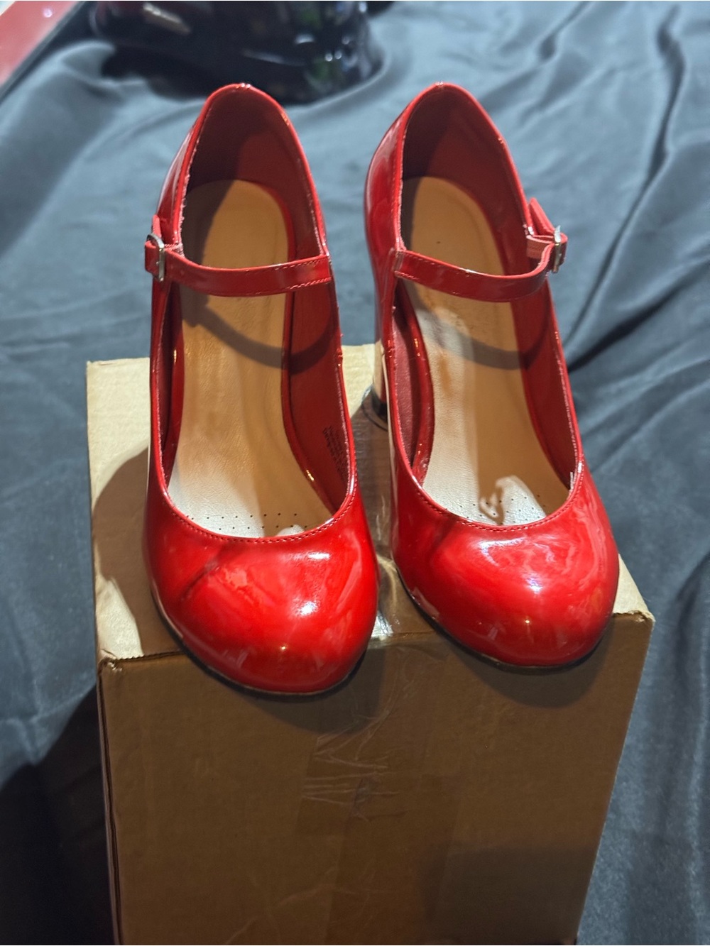 Red Patent Mary Jane Heels with Adjustable Strap